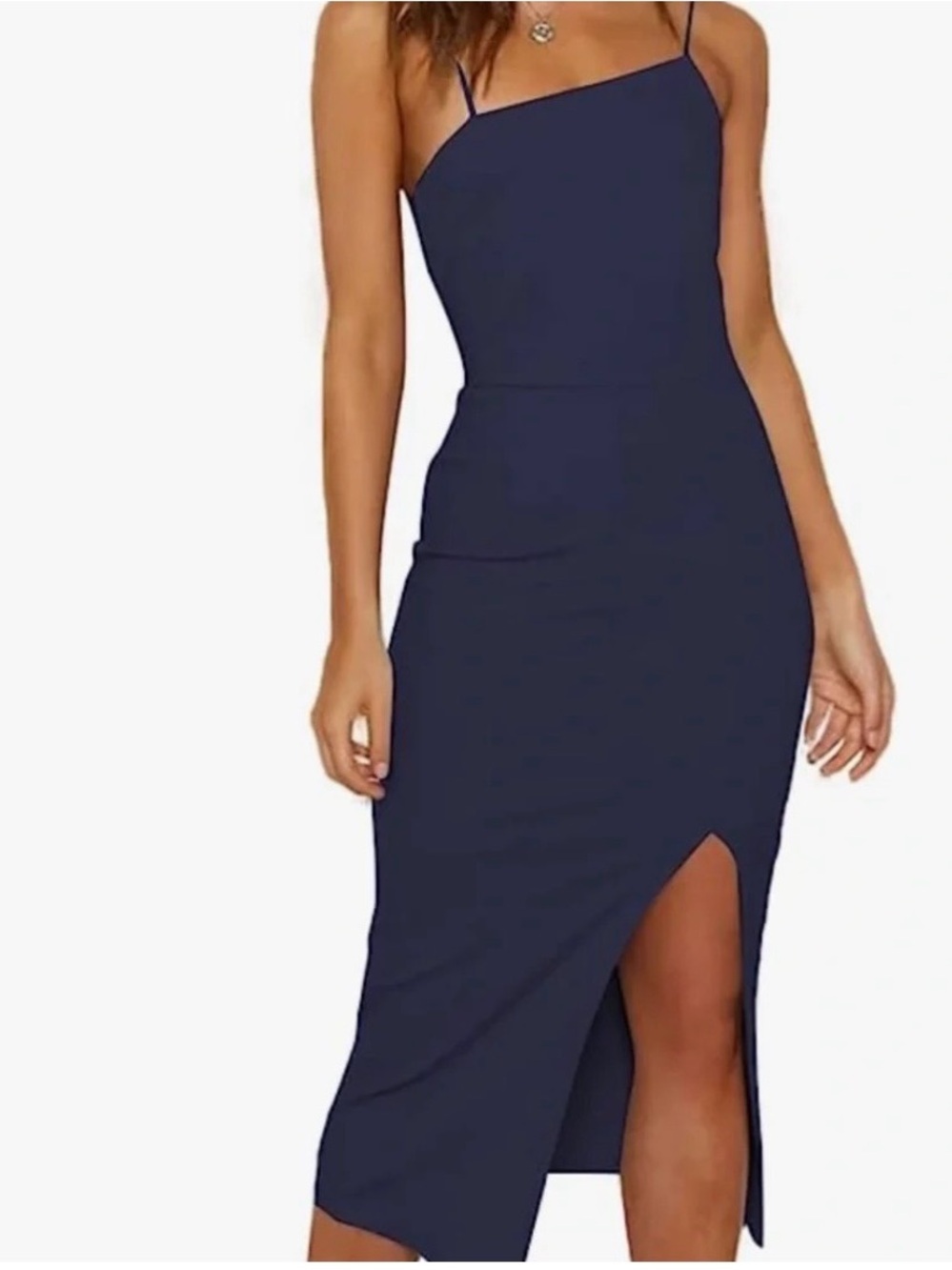 Lyaner Asymmetric Navy Bodycon Midi Slip Dress with Side Thigh Slit
